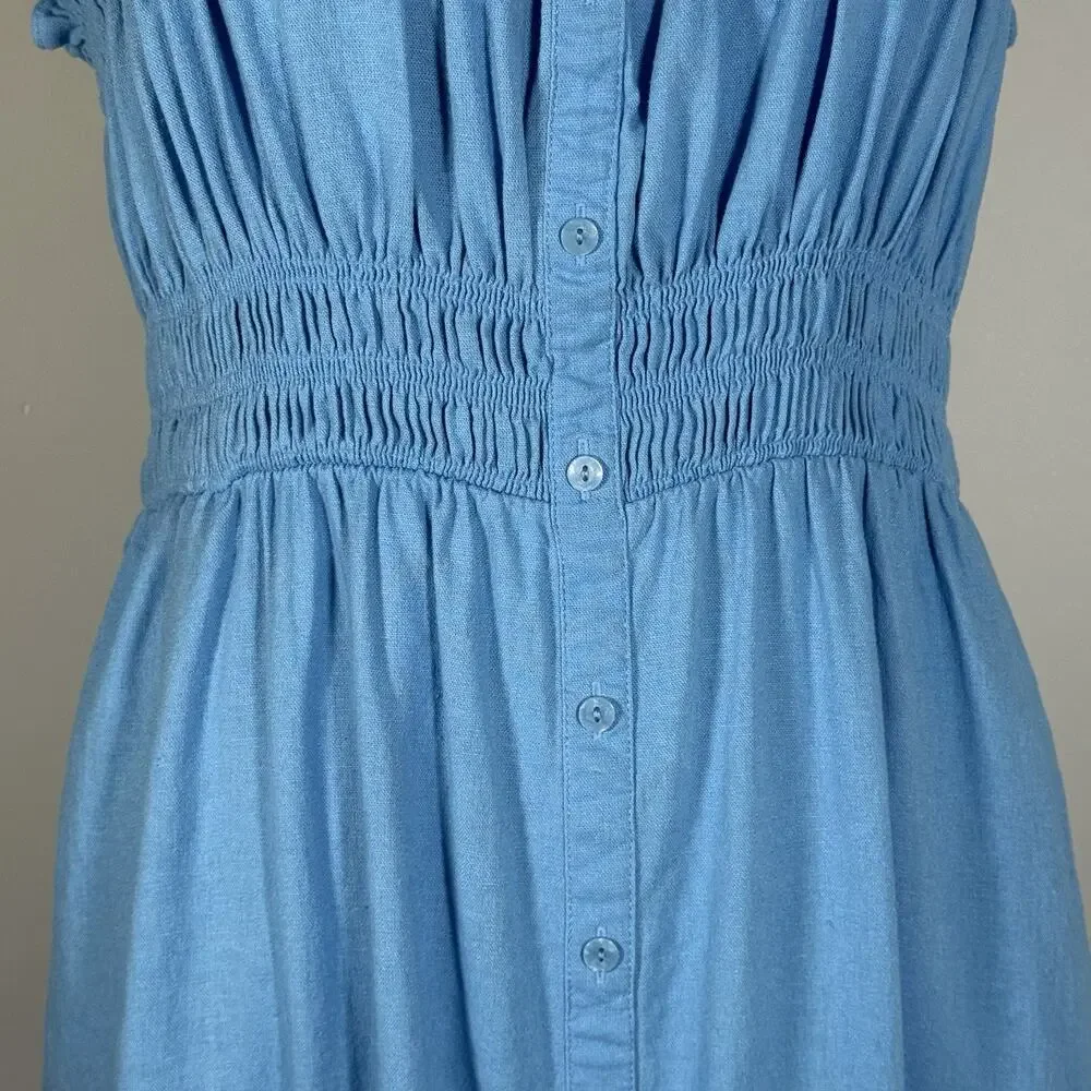 Blue Smocked Midi Dress Faux Button Front Linen Blend Boho Coastal Minimalist XL - Picture 6 of 15